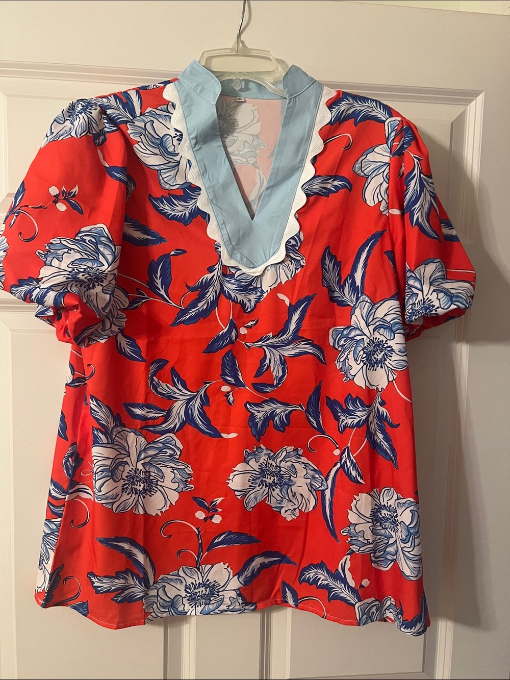Women's Red Floral V-Neck Blouse with Blue Trim